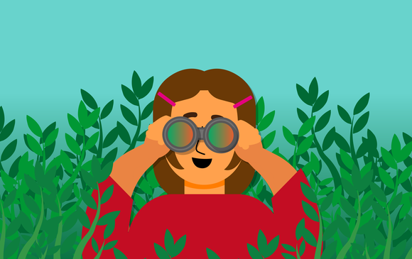 A young person looks out for their 'meaning' with binoculars.