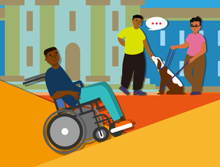 A wheelchair user climbs a ramp and an office dog mingles with employees