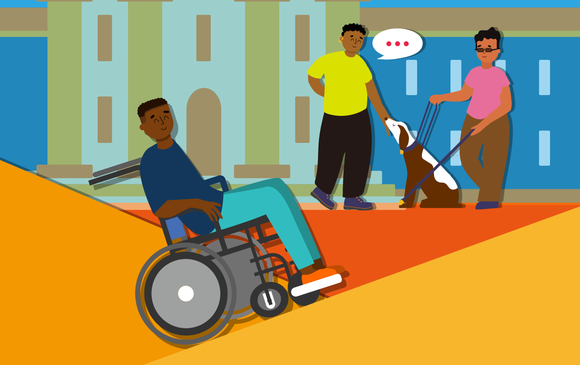 A wheelchair user climbs a ramp and an office dog mingles with employees