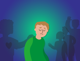 A young person looks sad surrounded by loved ones.