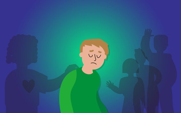 A young person looks sad surrounded by loved ones.