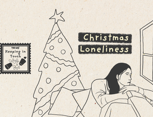 A young person looks out the window alone. A Christmas tree in the background.