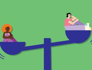 Two young people sit in either end of a weighing scale, comparing themselves.