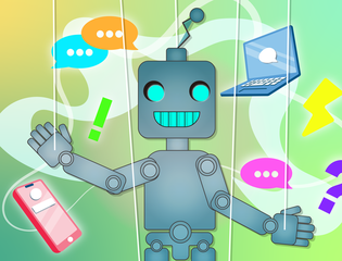 A robot is surrounded by laptops and phones.