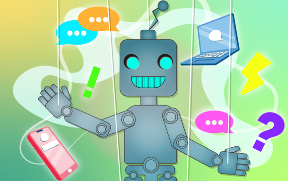 A robot is surrounded by laptops and phones.