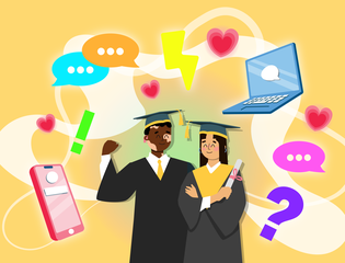 Two young graduates look happy, surrounded by phones and laptops
