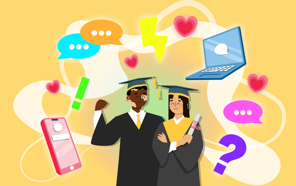 Two young graduates look happy, surrounded by phones and laptops