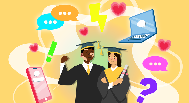 Two young graduates look happy, surrounded by phones and laptops