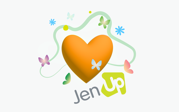 The JenUp logo over a heart.