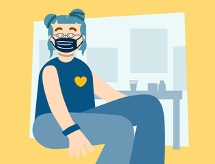 A young person wears a COVID mask