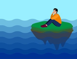 A young person sits on an island.