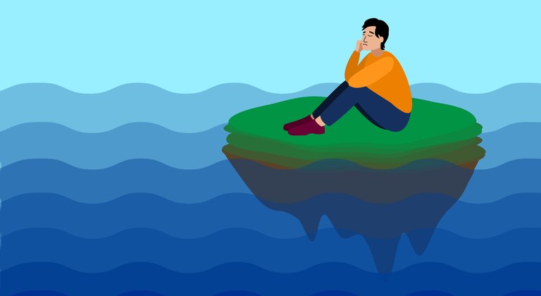 A young person sits on an island.