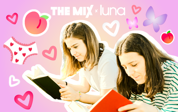 Two young people read books. The Mix and luna logo appears above them.