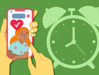 A big clock and healthy happy young person on a phone.