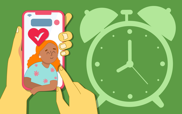 A big clock and healthy happy young person on a phone.