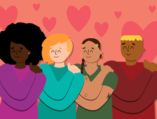 Four young people hug themselves.
