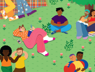 A young person sits in the park enjoying themselves surrounded by couples