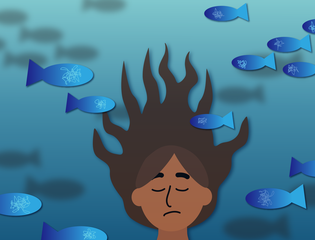 A young person is surrounded by many fish representing thoughts