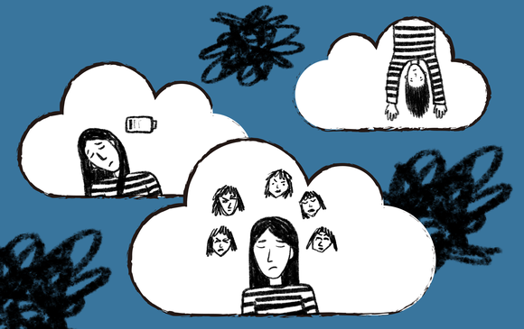 An illustration of the different states someone might feel with PMDD, including low energy and mood changes.
