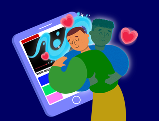 A young person hugs a virtual character coming out of a phone.