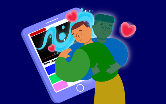 A young person hugs a virtual character coming out of a phone.