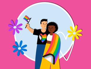 A young couple embrace each other wearing the pride flag