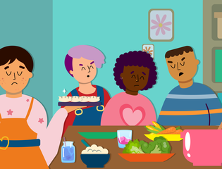 A family argue around the dinner table.