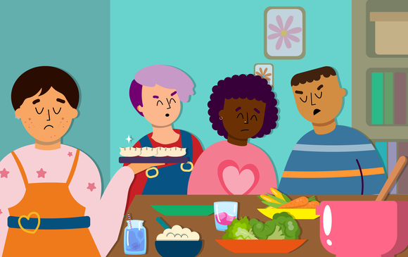 A family argue around the dinner table.
