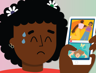 A young person looks distressed looking at their social media feed