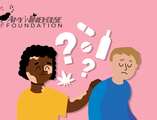 A young person supports a friend surrounded by symbols representing different substances.