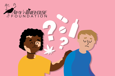 A young person supports a friend surrounded by symbols representing different substances.