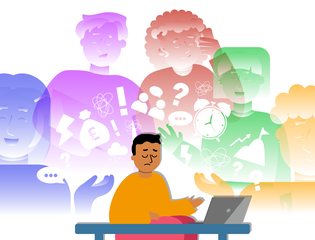 A young person appears stressed surrounded by a chaotic work environment