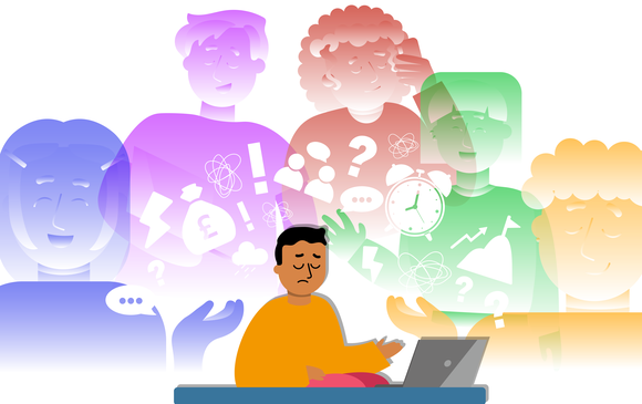 A young person appears stressed surrounded by a chaotic work environment