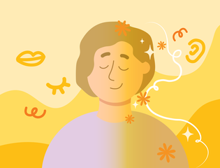 A young person looks content while listening ears and talking mouths surround them.