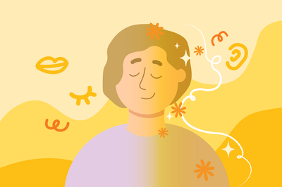 A young person looks content while listening ears and talking mouths surround them.