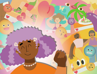 A young person is surrounded by apps and emojis.
