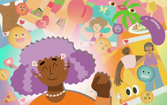 A young person is surrounded by apps and emojis.
