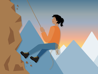 A young person climbs a mountain.