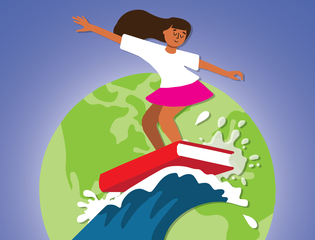 A young person surfs on a book across the world