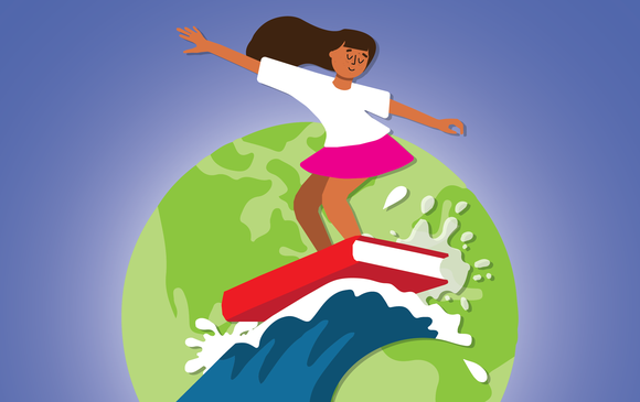 A young person surfs on a book across the world